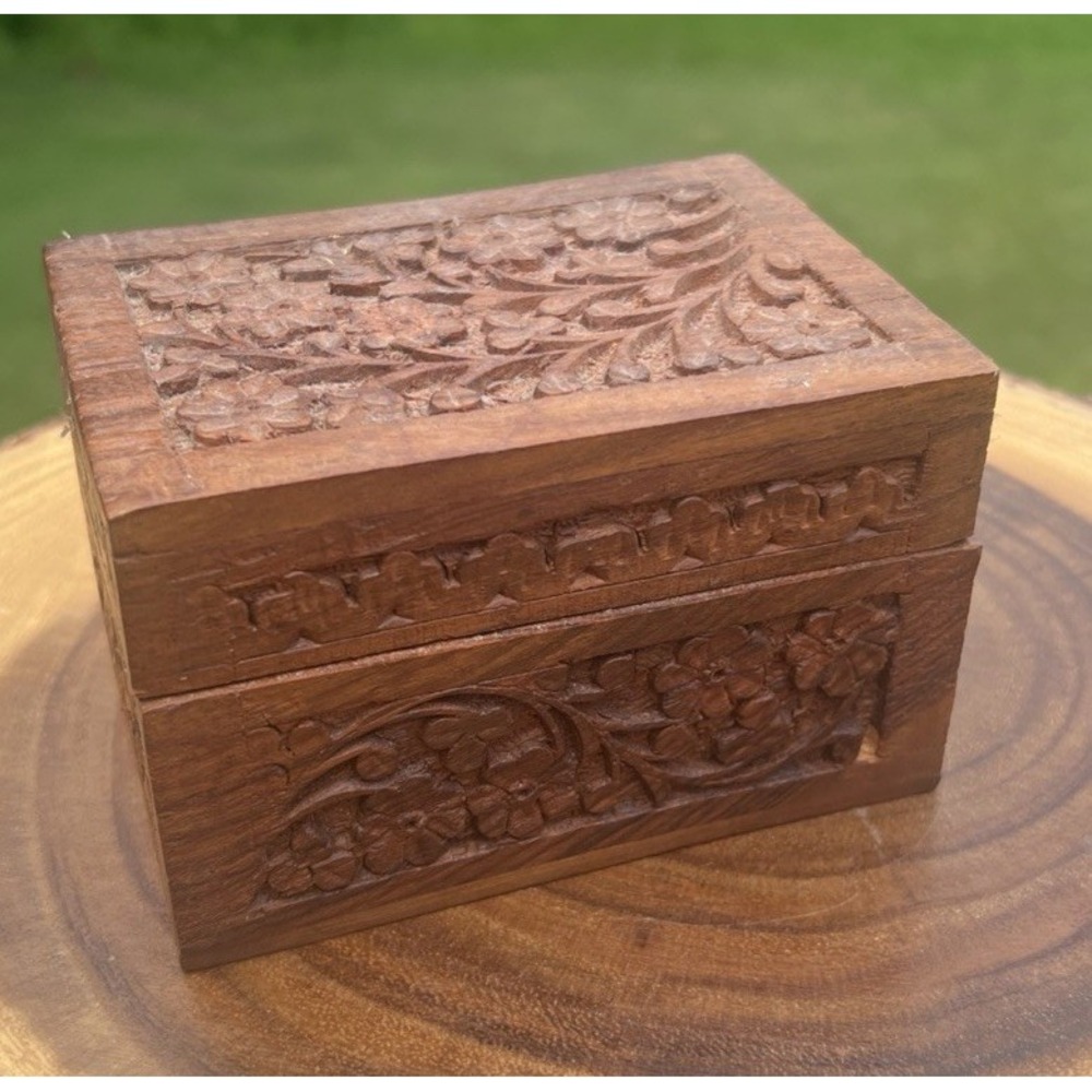 Vintage Carved Wood Playing Card Box India Double Deck Floral Action Industries